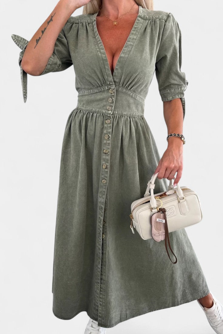 Vestido Midi Denim Premium Con Botones Y Escote V Muy Chic