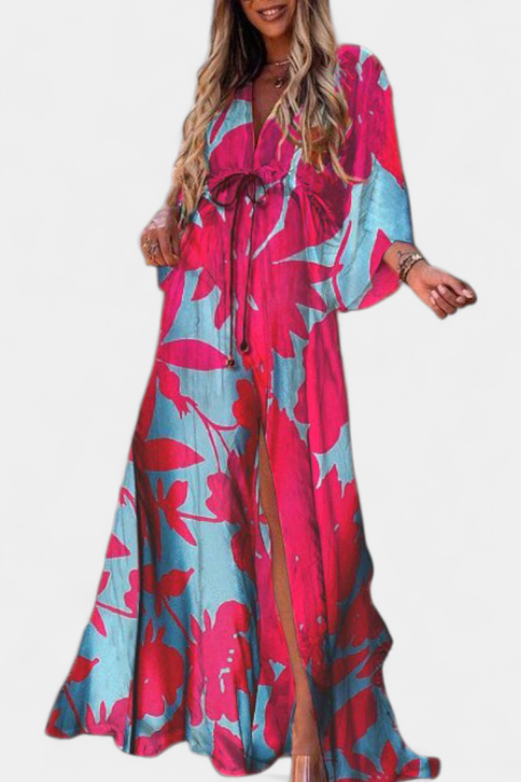 Vestido Maxi Arcoíris Con Manga Murciélago Fluido Estampado
