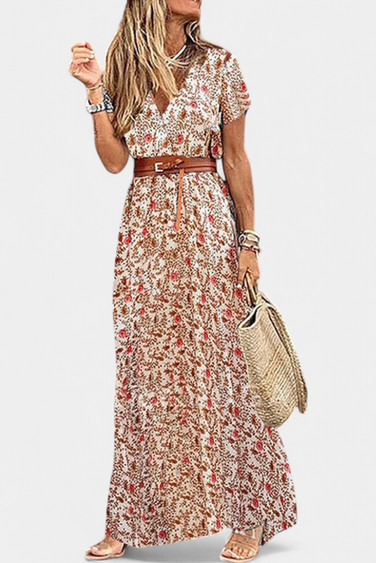 Anfisa Vestido Boho Verano con Cinturón y Escote V Genial