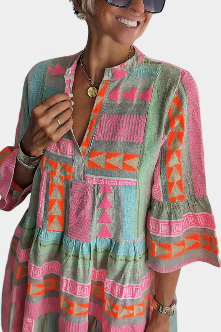 Vestido Boho Bordado Con Escote En V Colorido Y Vivo