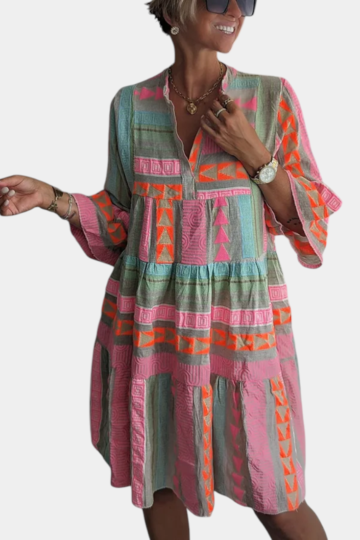Vestido Boho Bordado Con Escote En V Colorido Y Vivo