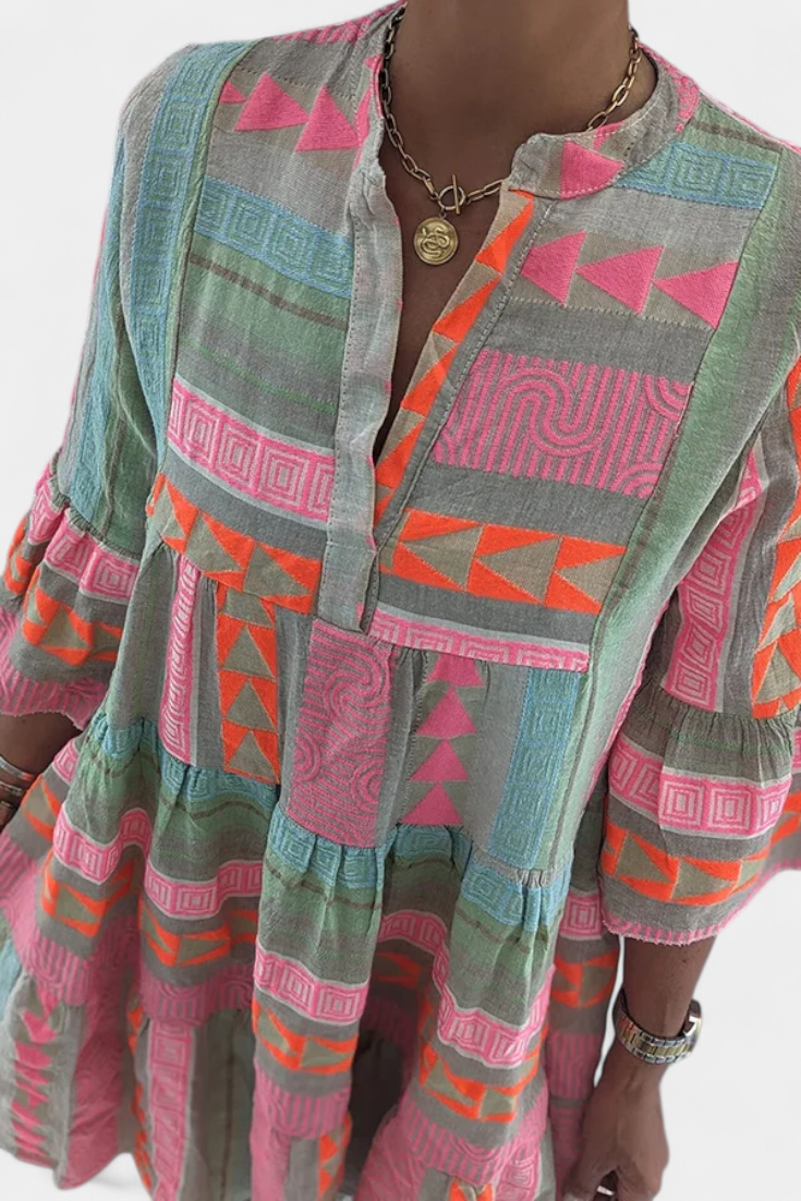 Vestido Boho Bordado Con Escote En V Colorido Y Vivo