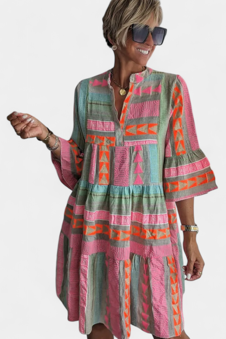 Vestido Boho Bordado Con Escote En V Colorido Y Vivo