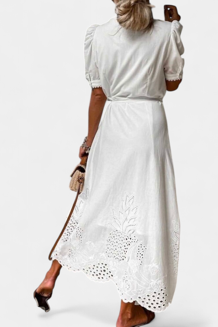 Vestido Camisero Bordado Floral Manga Abullonada Piña Chic