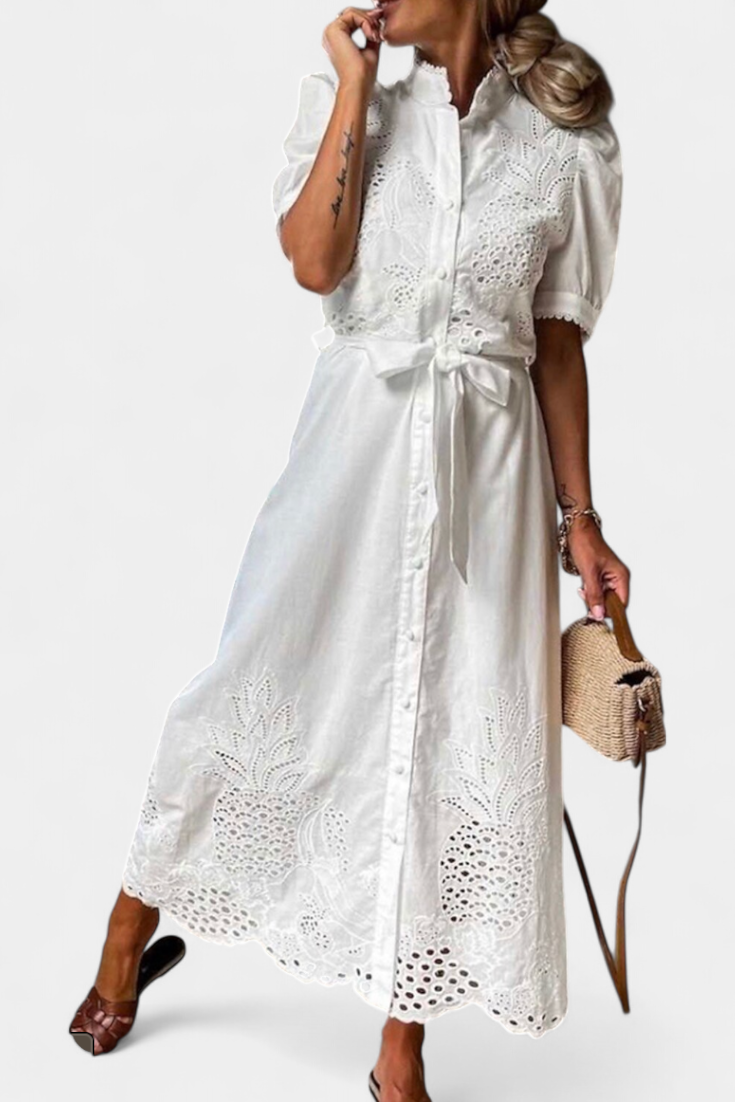Vestido Camisero Bordado Floral Manga Abullonada Piña Chic