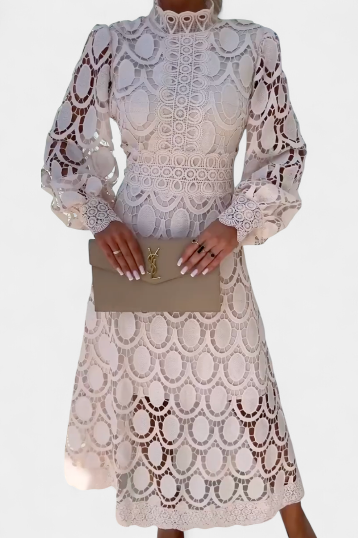 Vestido Midi Encaje Calado Con Mangas Farol Cuello Alto