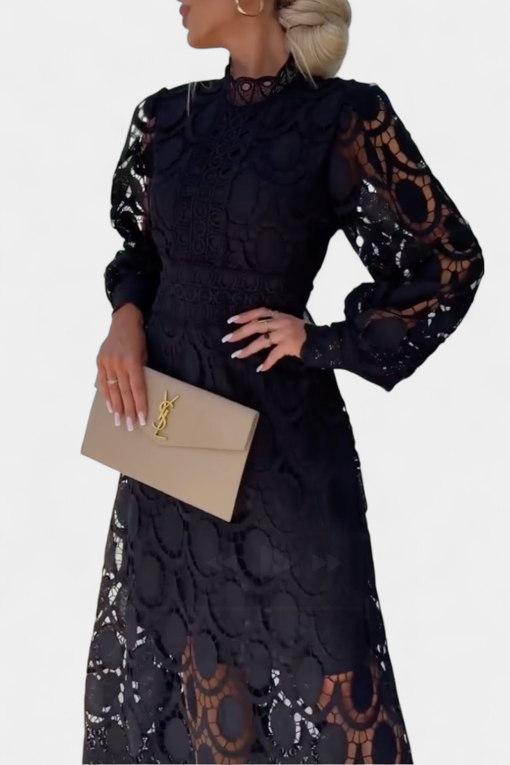 Vestido Midi Encaje Calado Con Mangas Farol Cuello Alto