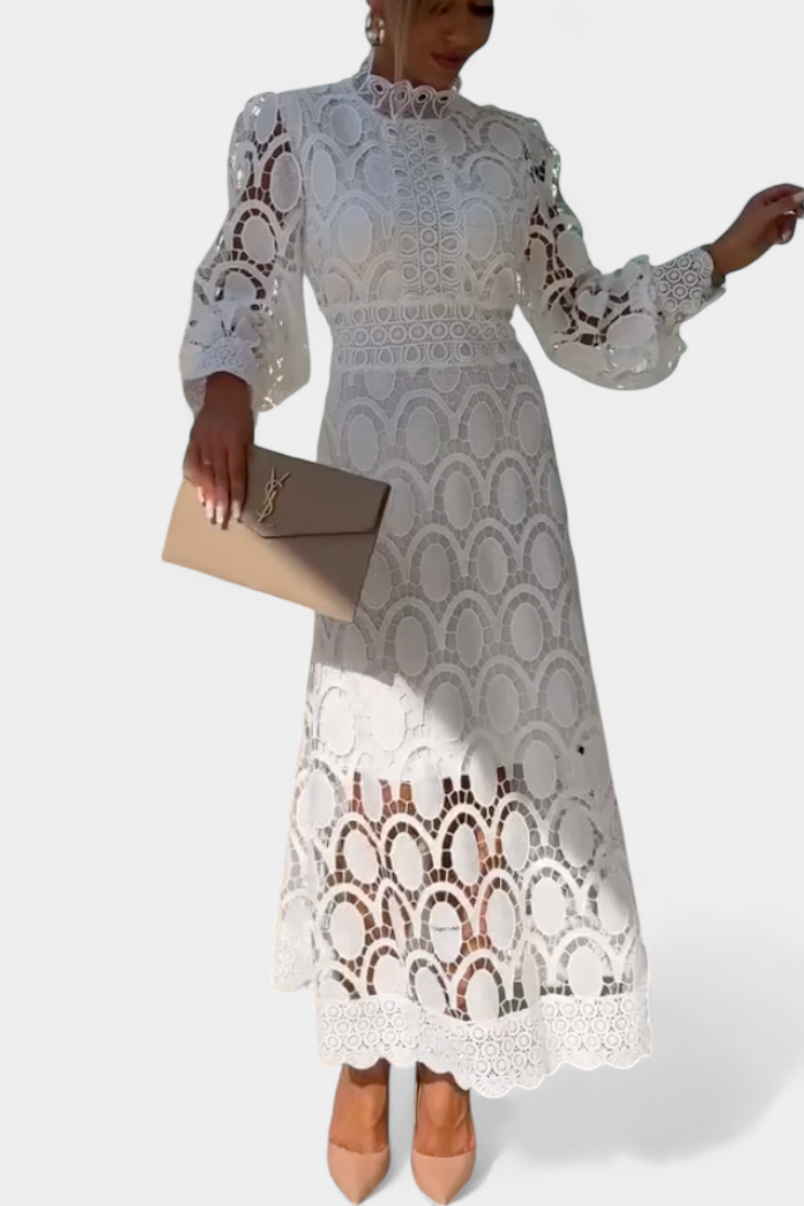 Vestido Midi Encaje Calado Con Mangas Farol Cuello Alto