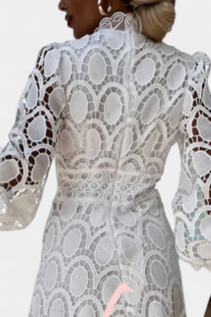 Vestido Midi Encaje Calado Con Mangas Farol Cuello Alto