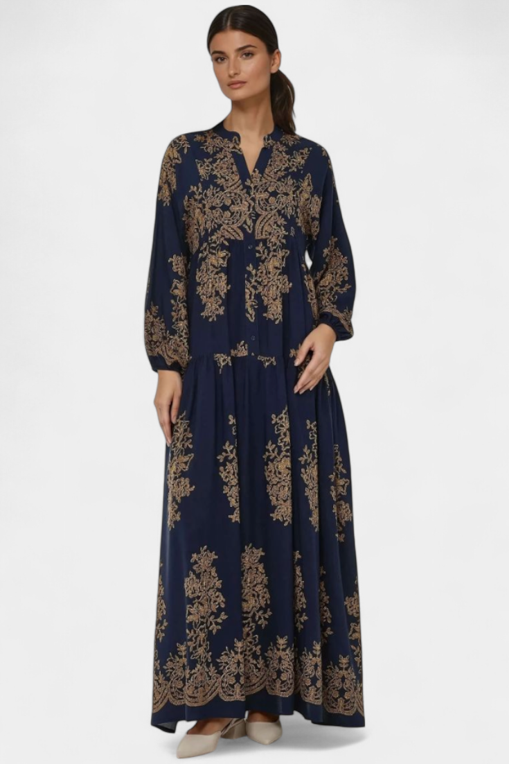 Yaiza Vestido Maxi Estampado Vintage Con Cuello Camisero