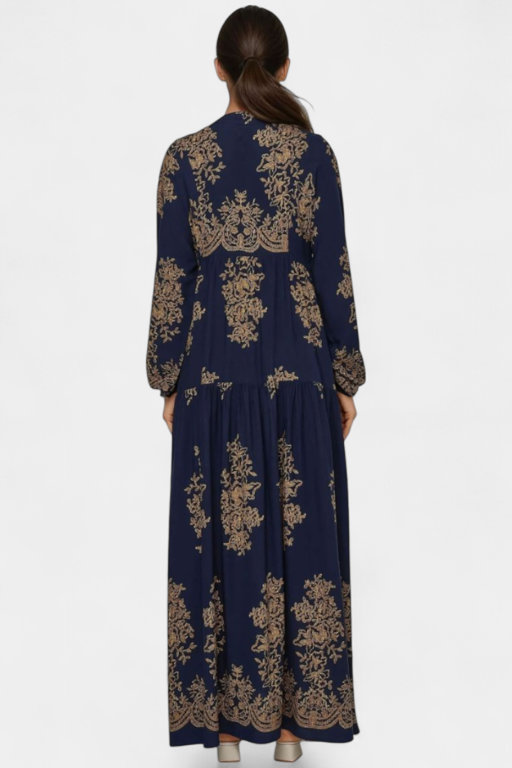 Yaiza Vestido Maxi Estampado Vintage Con Cuello Camisero