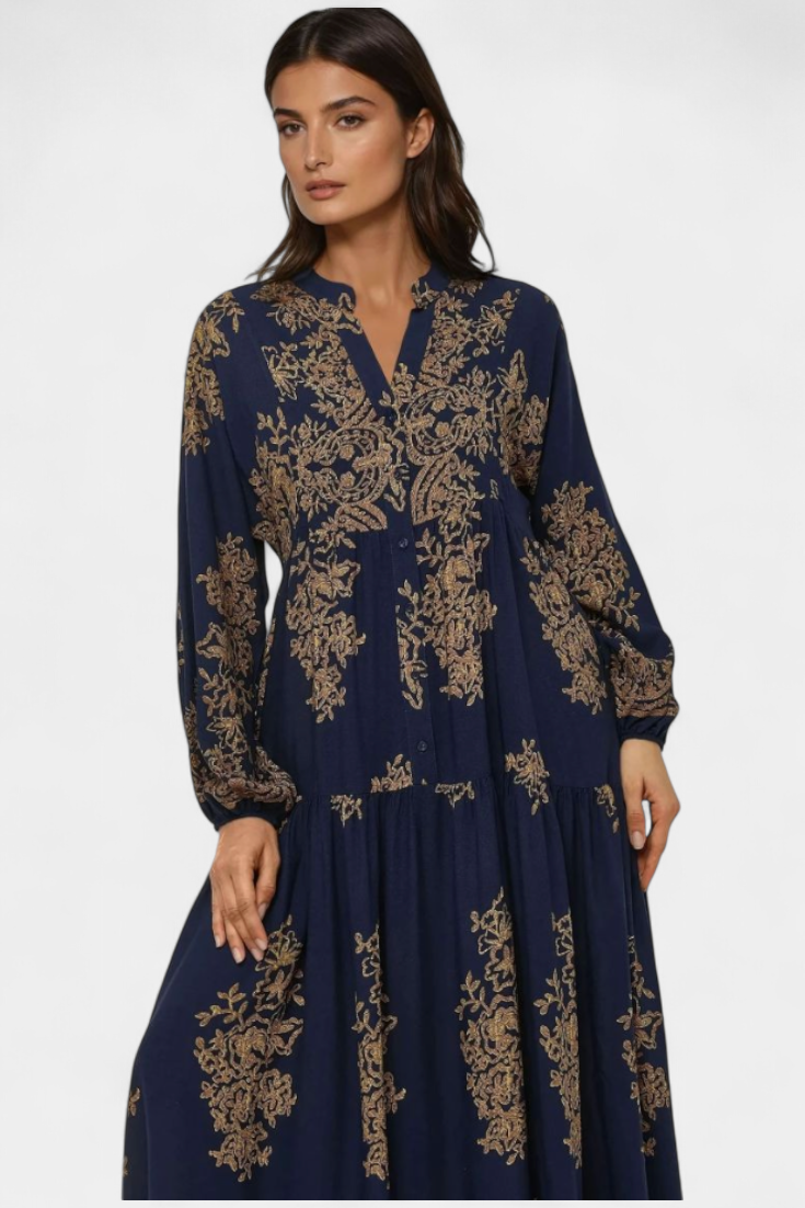 Yaiza Vestido Maxi Estampado Vintage Con Cuello Camisero