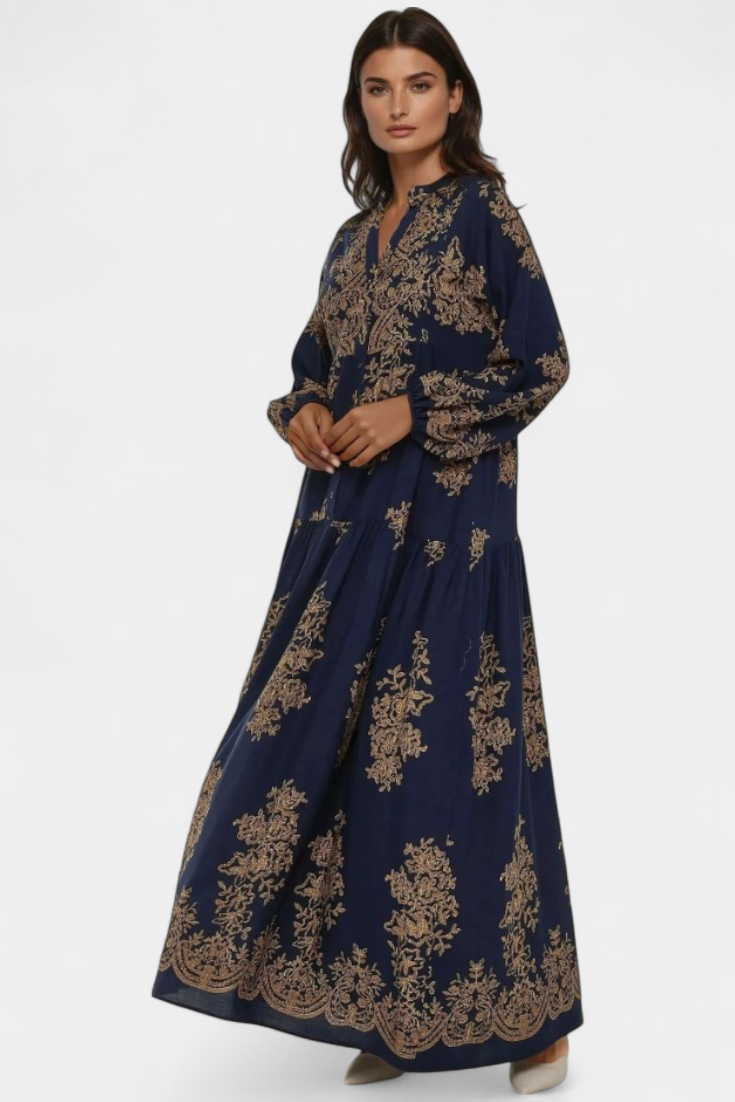 Yaiza Vestido Maxi Estampado Vintage Con Cuello Camisero