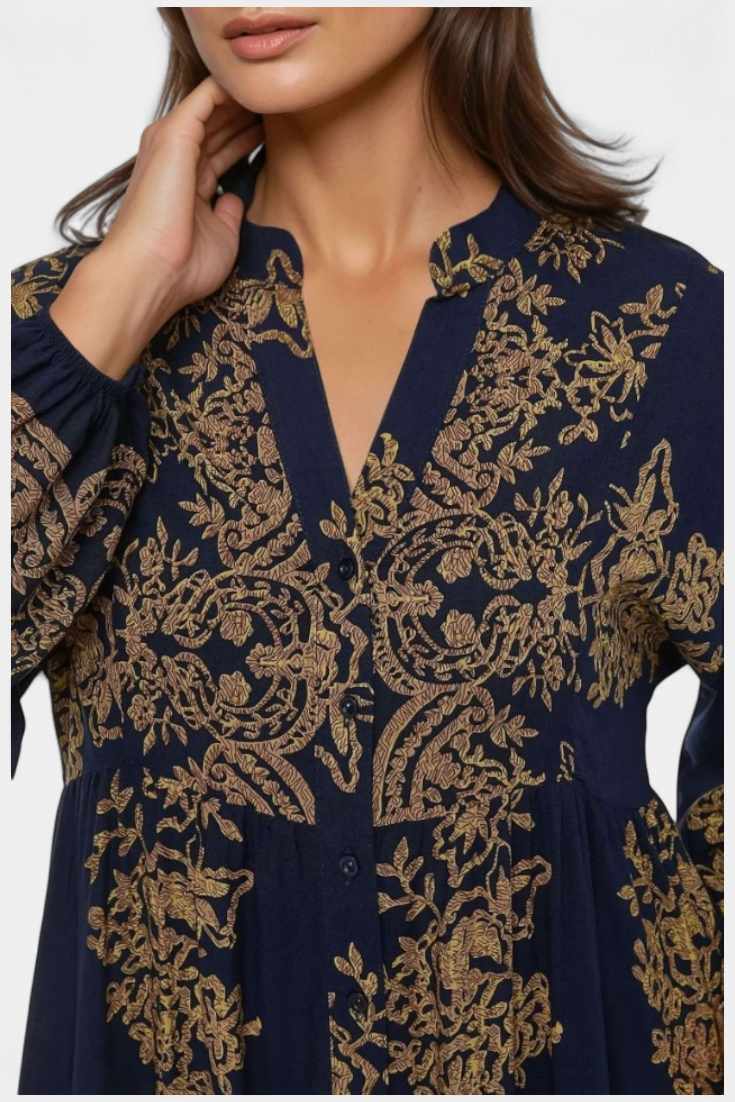 Yaiza Vestido Maxi Estampado Vintage Con Cuello Camisero