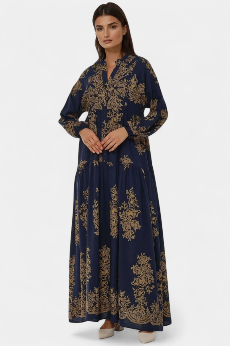 Yaiza Vestido Maxi Estampado Vintage Con Cuello Camisero