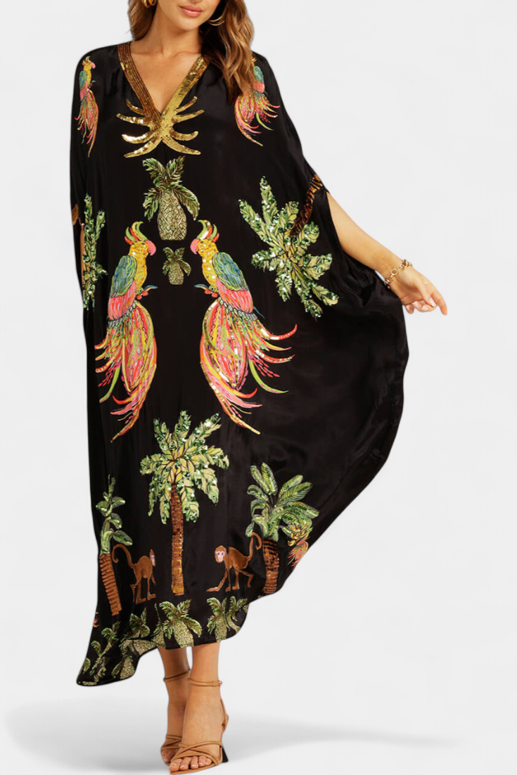 Vestido Evangeline Estampado Tropical Bordados Brillan
