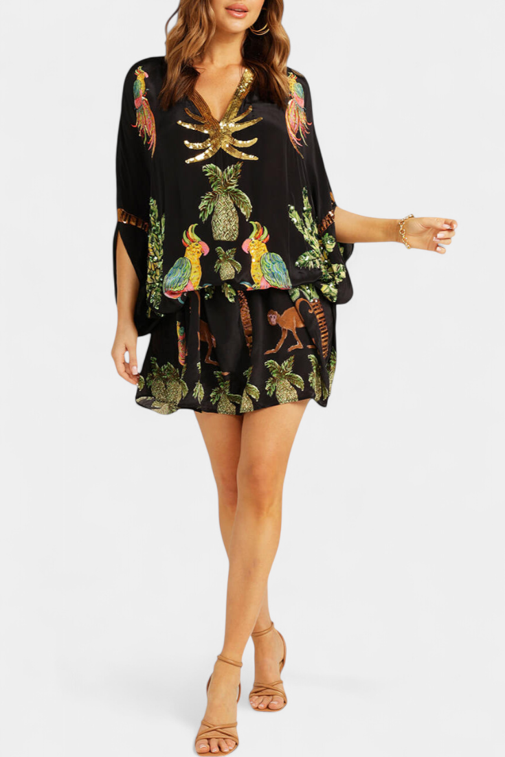 Vestido Evangeline Estampado Tropical Bordados Brillan