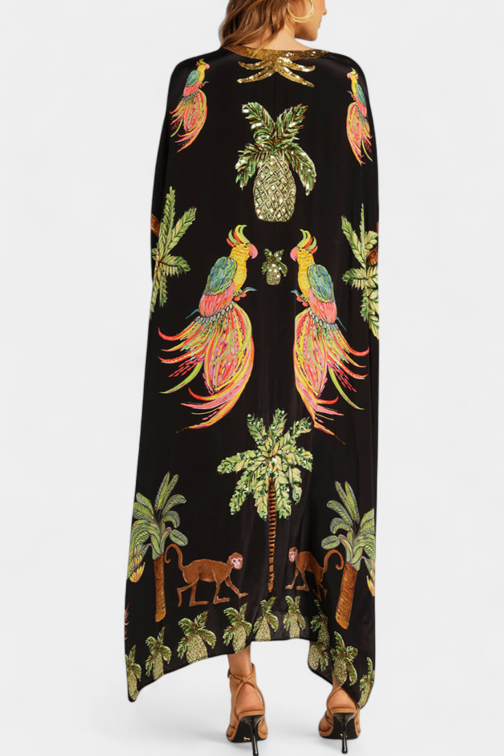 Vestido Evangeline Estampado Tropical Bordados Brillan