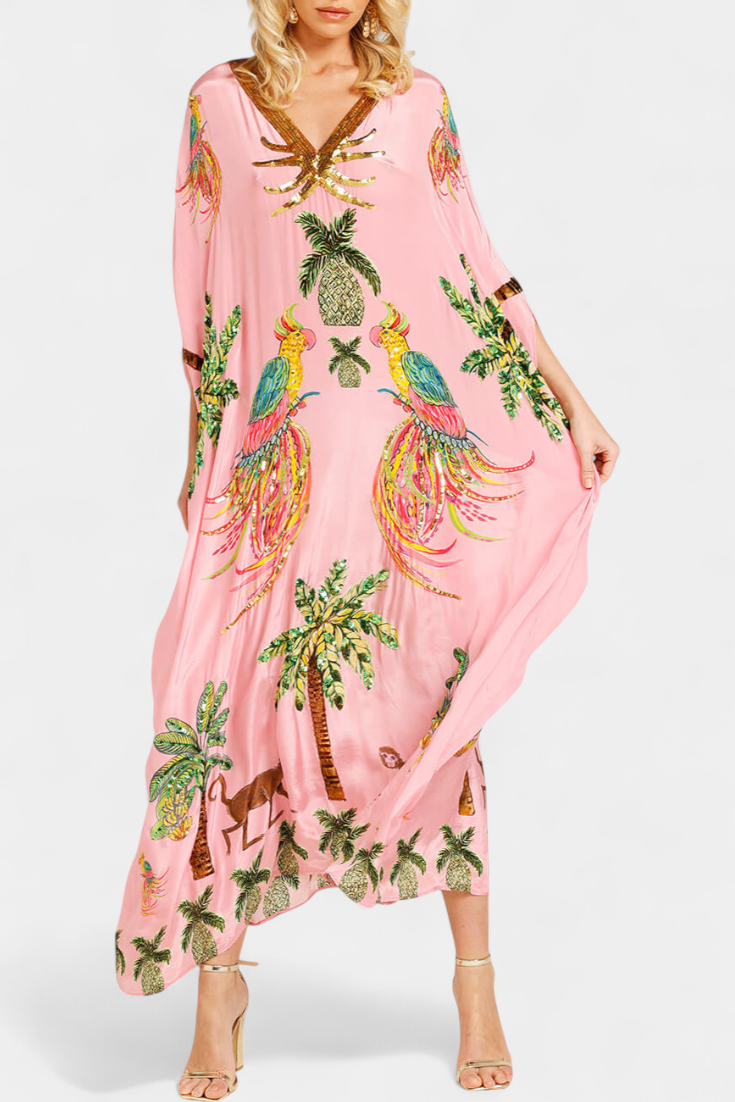 Vestido Evangeline Estampado Tropical Bordados Brillan