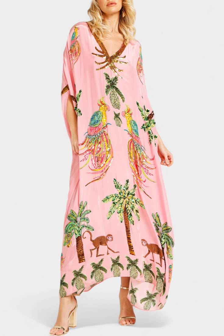 Vestido Evangeline Estampado Tropical Bordados Brillan