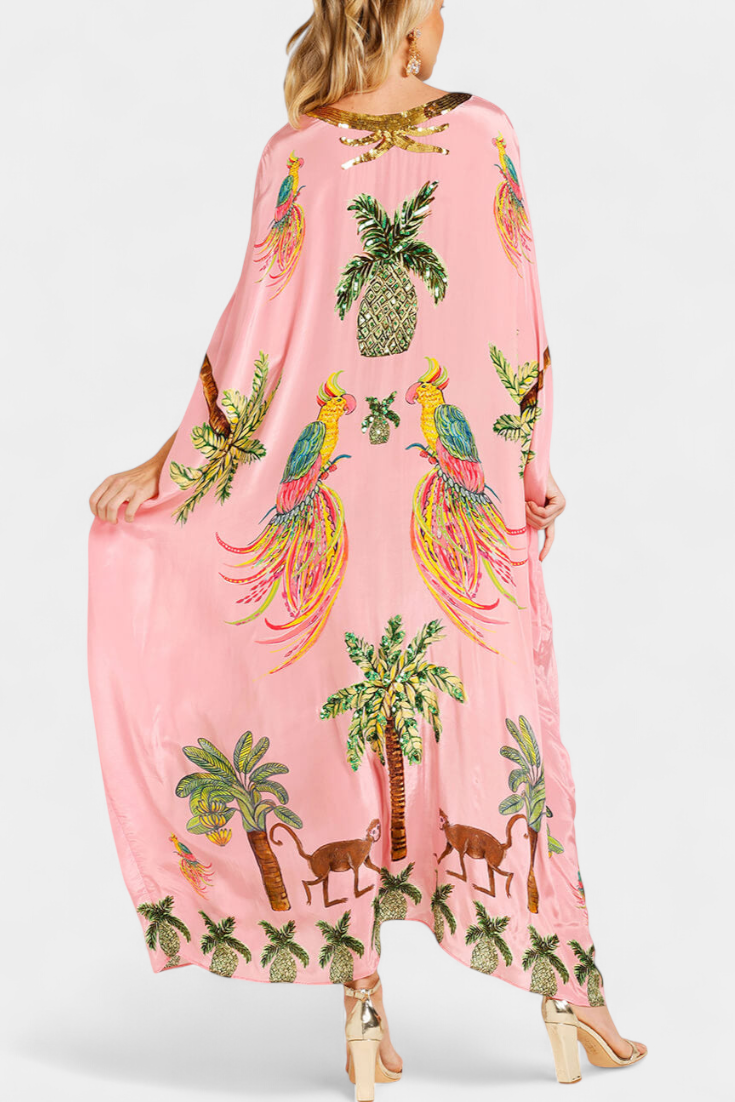 Vestido Evangeline Estampado Tropical Bordados Brillan