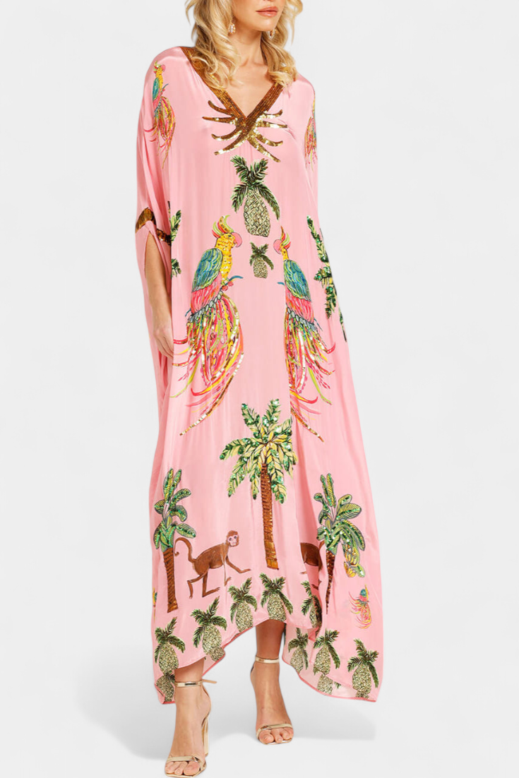 Vestido Evangeline Estampado Tropical Bordados Brillan