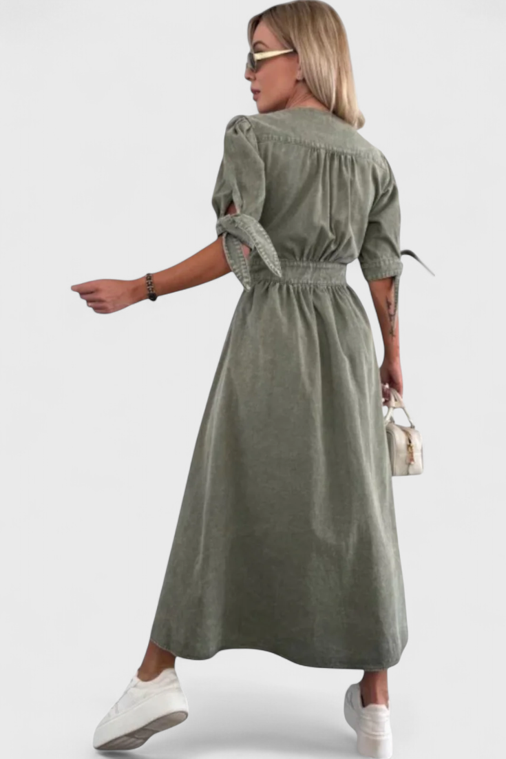 Vestido Midi Denim Premium Con Botones Y Escote V Muy Chic