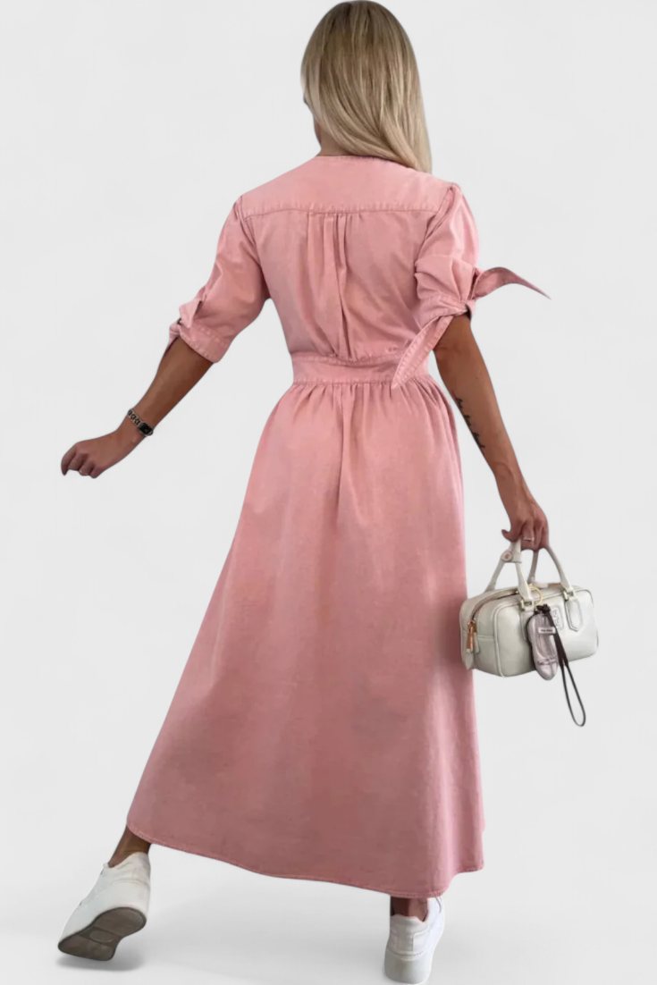 Vestido Midi Denim Premium Con Botones Y Escote V Muy Chic