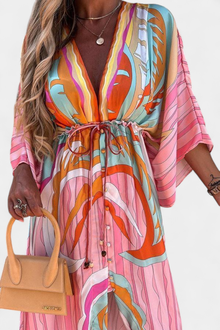 Vestido Maxi Arcoíris Con Manga Murciélago Fluido Estampado