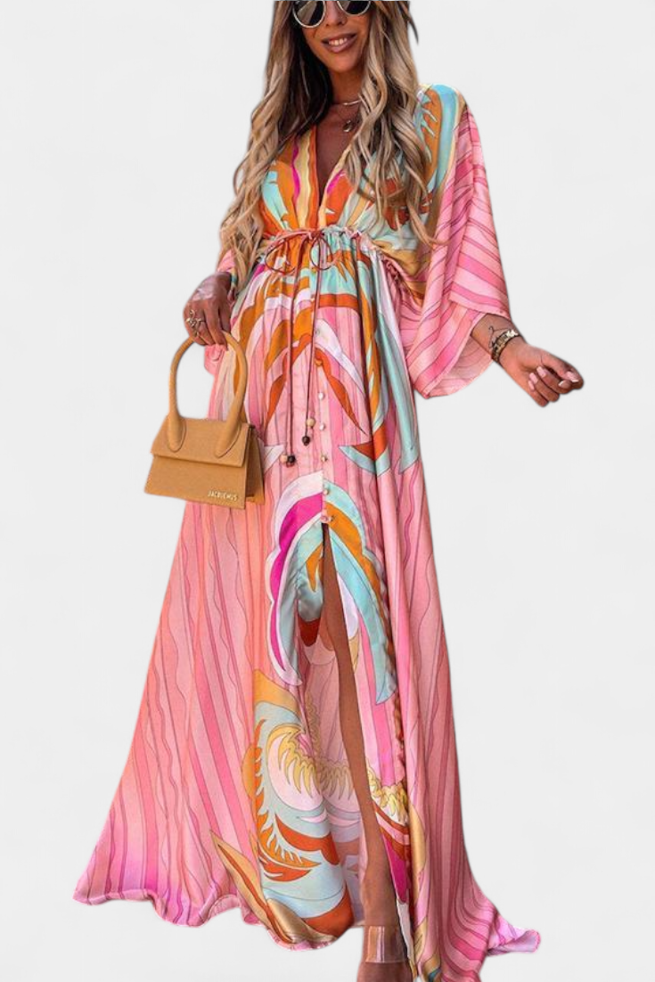 Vestido Maxi Arcoíris Con Manga Murciélago Fluido Estampado
