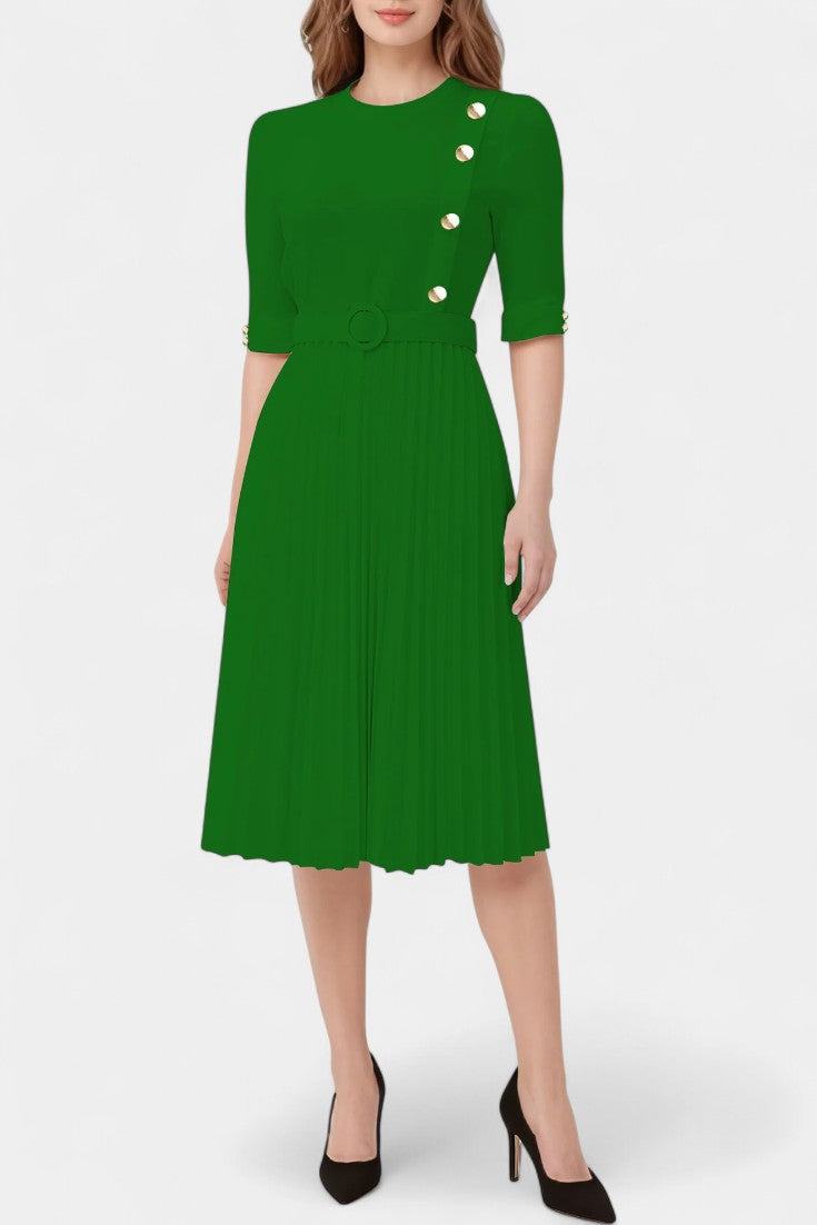 Vestido Pliegues Con Botones Decorativos Elite Brilla