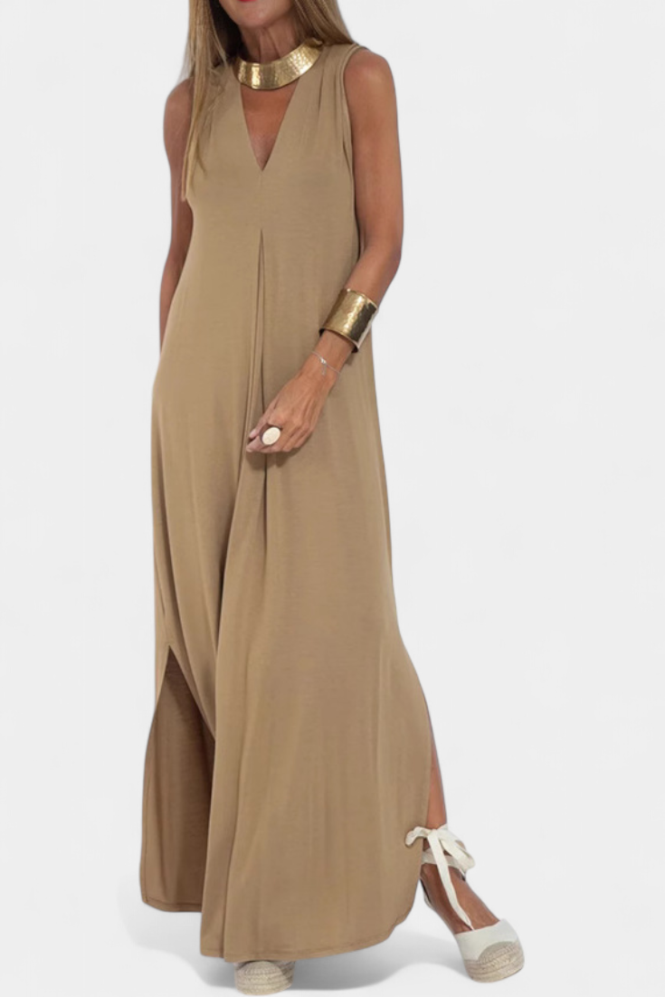 Vestido Maxi Sin Mangas Felisa Crepé Liso Deslumbra