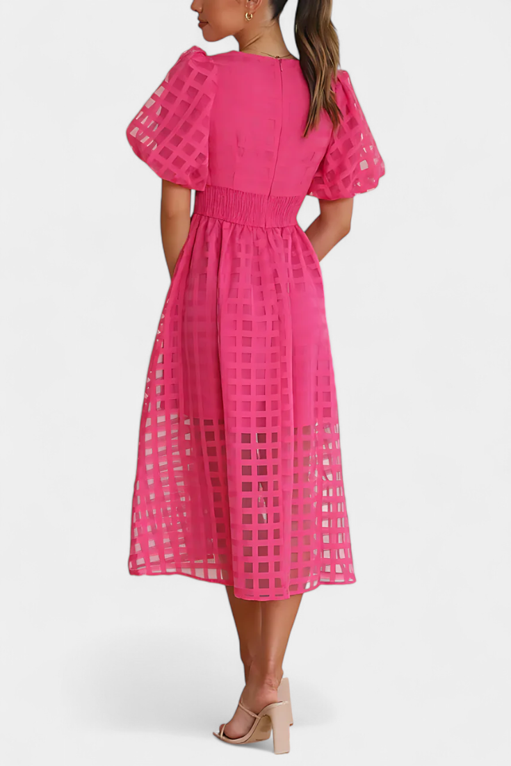 Vestido Midi Vintage Con Mangas Abullonadas Y Cuadrados