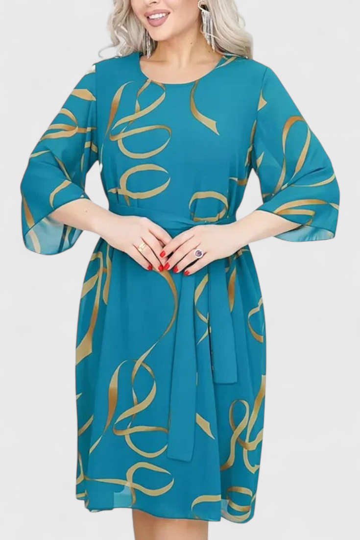 Vestido Midi Estampado Con Cinturón Tejido Ligero Ingenioso