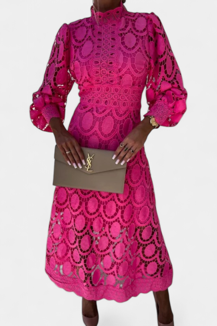 Vestido Midi Encaje Calado Con Mangas Farol Cuello Alto