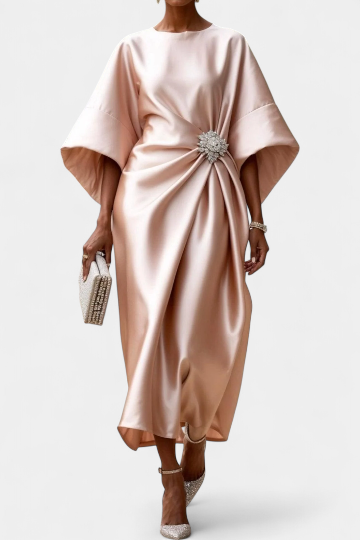 Vestido Largo Satén Brillo Luxe Con Detalles Fruncidos