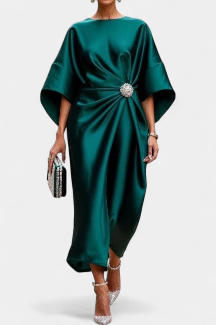 Vestido Largo Satén Brillo Luxe Con Detalles Fruncidos