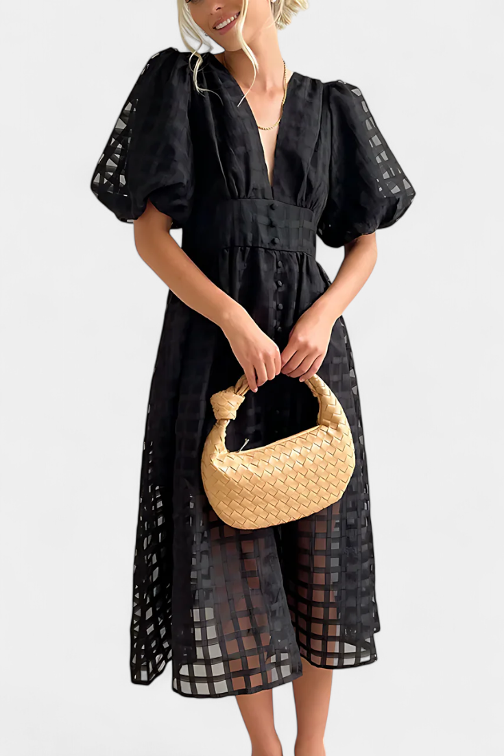 Vestido Midi Vintage Con Mangas Abullonadas Y Cuadrados