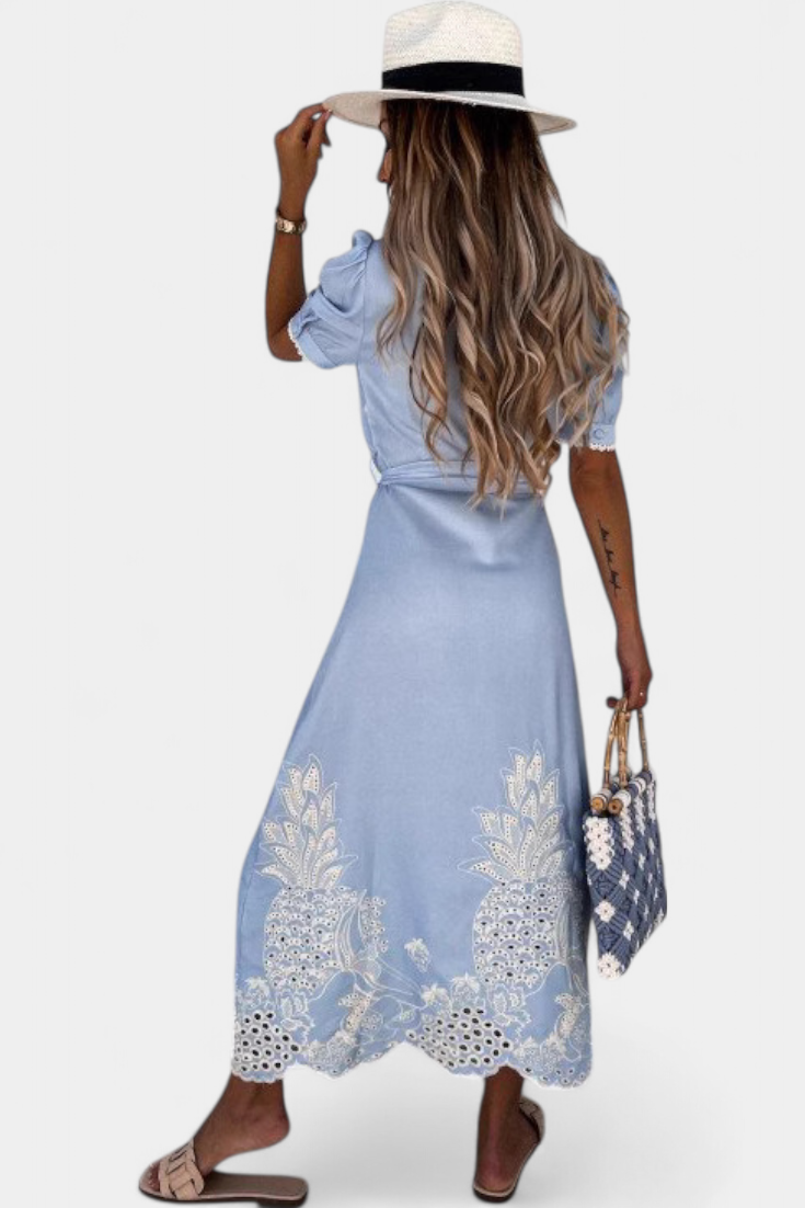 Vestido Camisero Bordado Floral Manga Abullonada Piña Chic