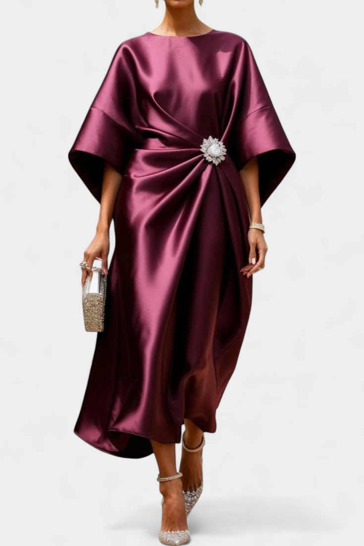 Vestido Largo Satén Brillo Luxe Con Detalles Fruncidos