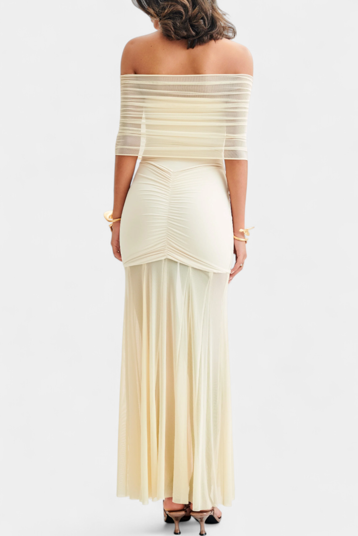 Vestido Maxi Barco Con Capa De Malla Glam Nocturno Seductor