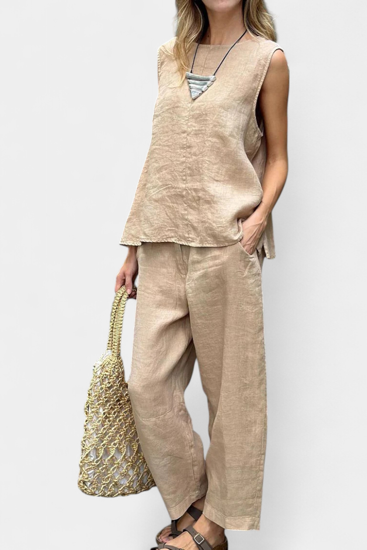 Leona Conjunto Coqueto Chaleco Pantalón Algodón Lino