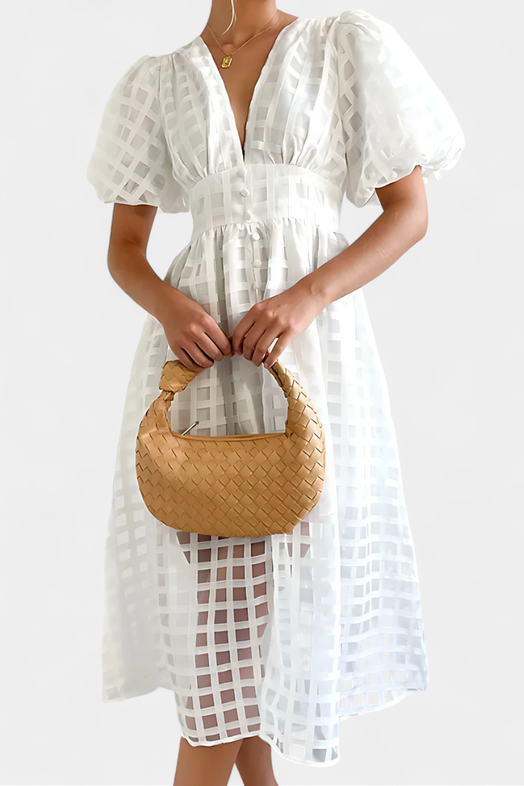Vestido Midi Vintage Con Mangas Abullonadas Y Cuadrados