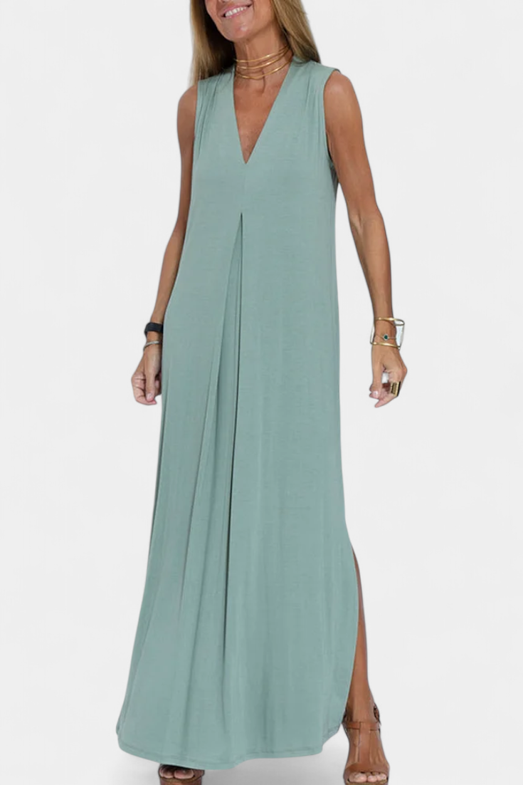 Vestido Maxi Sin Mangas Felisa Crepé Liso Deslumbra