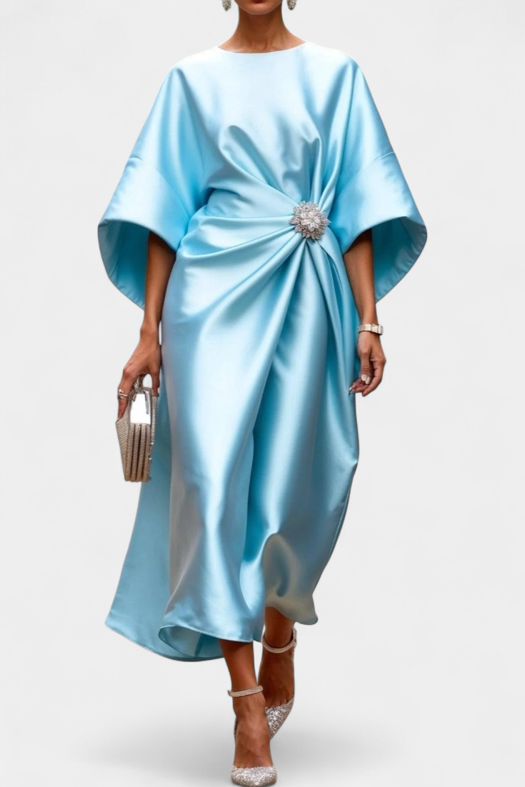 Vestido Largo Satén Brillo Luxe Con Detalles Fruncidos