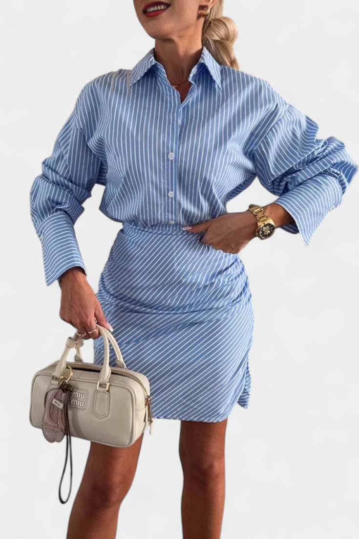 Vestido Camisero Rayas Con Pliegues Y Botones VIP Pícaro