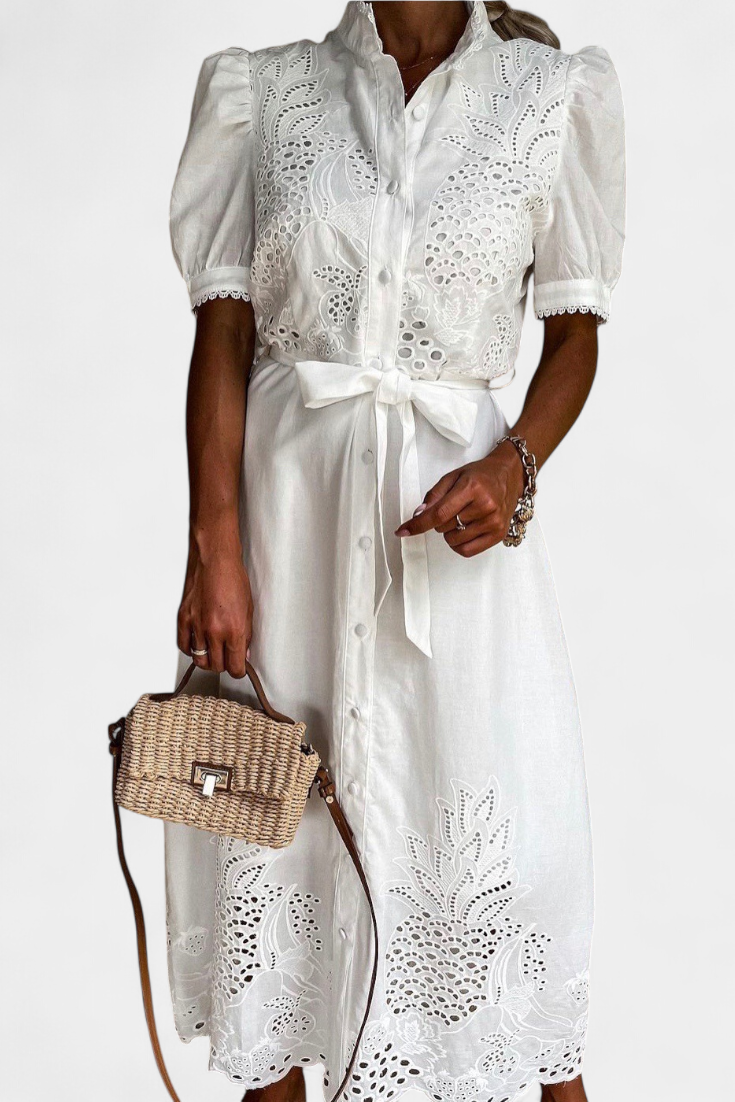 Vestido Camisero Bordado Floral Manga Abullonada Piña Chic