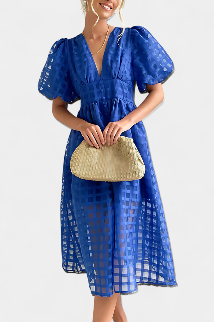 Vestido Midi Vintage Con Mangas Abullonadas Y Cuadrados