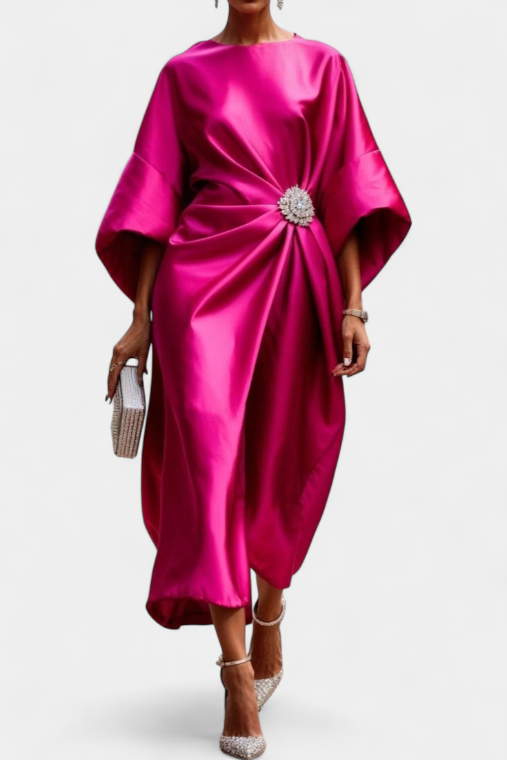 Vestido Largo Satén Brillo Luxe Con Detalles Fruncidos
