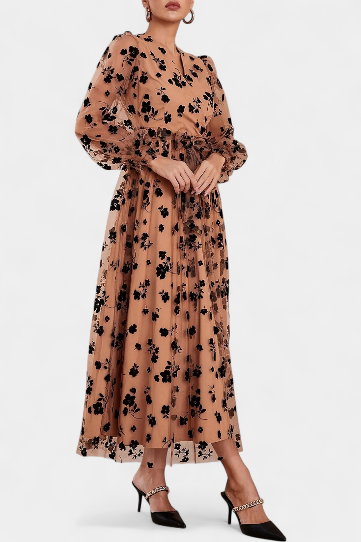 Iolanda Vestido Maxi Encaje Floral con Mangas Linterna